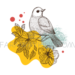 nightingale on hibiscus collage sketched bird packaging art