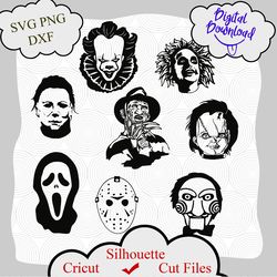 horror movie characters bundle, freddy, scream, pennywise, michael myers, chucky, beetle juice svg png dxf for cricut