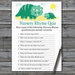 Dinosaur themed Nursery rhyme quiz baby shower game card,Dinosaur Baby shower games printable,Baby Shower Activity-342