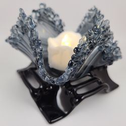 2114 - Lace Edge Black, White and Clear Baroque Fused Glass Candleholder
