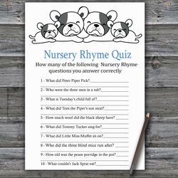 Bulldog Nursery rhyme quiz baby shower game card,Dog Baby shower games printable,Fun Baby Shower Activity-339