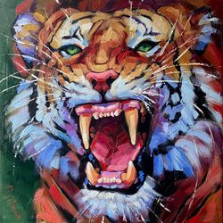 Tiger Painting Original Wild Animal Artwork Oil On Canvas 16x16 Inch Wildlife Wall Art