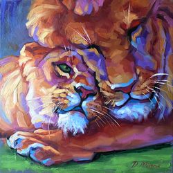 Lion And Lioness Painting Original African Animal Artwork Oil On Canvas 16x16 Inch Wildlife Wall Art