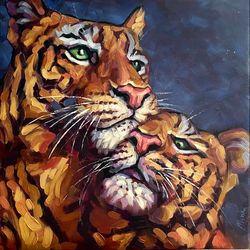 Tiger And Tigress Painting Original Wild Animal Artwork Oil On Canvas 16x16 Inch Wildlife Wall Art