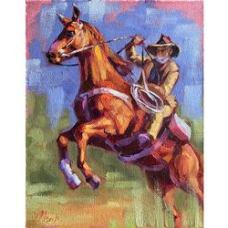 Cowboy Painting Original Texas Artwork Farm Horse Wall Art 11x14 Inch Oil On Panel