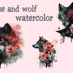 rose and wolf watercolor, animal sublimation