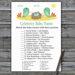 Birds Celebrity baby name game card,Birds and nest Baby shower games printable,Fun Baby Shower Activity-338