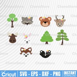 woodland png bundle, forest decor, girl animals forest, woodland animal prints, aniamld face png birthday