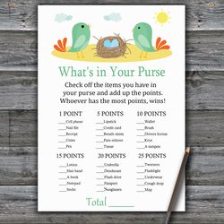 Birds What's in your purse game,Birds and nest Baby shower games printable,Fun Baby Shower Activity,Instant Download-338