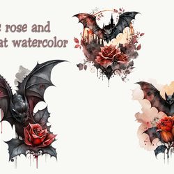 gothic rose and bat watercolor png, animal png, gothic rose png