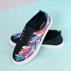 Colorful Abstract Custom Sneakers, Hand Painted Black Canvas Shoes, Personalized Gift for women