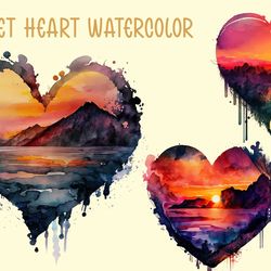 sunset heart on beach png watercolor, summer png, sunset watercolor png