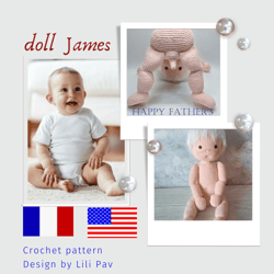Crochet doll body crochet pattern of a with a boy's genitals, Boy doll basic body, James the doll