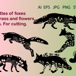 Fox silhouettes in grass and flowers SVG. Cliparts. For cutting.