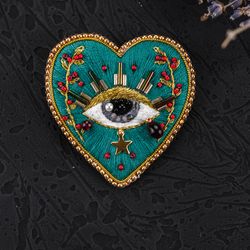 evil eye pin |  witch heart brooch |sacred heart pin| embroidery beaded heart pin| magic heart brooch |witchcraft gift