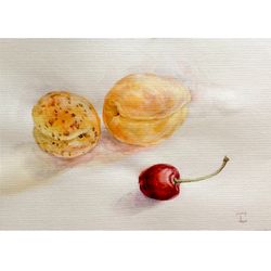 "Apricots and cherry" watercolor painting fruit small artwork original wall art still life, 17,5x12,5cm.
