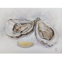 "Oysters with lemon" watercolor painting stilllife clam shell seafood painting original wall art, 20x15cm.