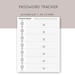 Printable password tracker. Password template. PDF password keeper. Password organizer.