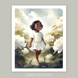 Cute black girl poster, cute black girl with white peonies, nursery decor, printable art, watercolor art for girls room