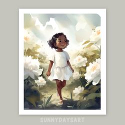cute black girl poster, cute black girl with white peonies, nursery decor, printable art, watercolor art for girls room