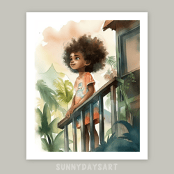 Cute black girl poster, cute black girl in the tropics, nursery decor, printable art, watercolor art for girls room