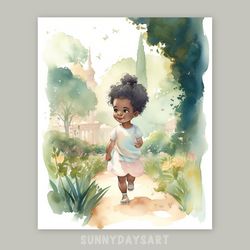 cute black girl poster, cute black girl walking in park, nursery decor, printable art, watercolor art for girls room