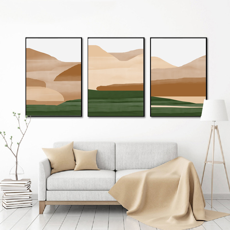Three abstract posters with mountains in terracotta colors