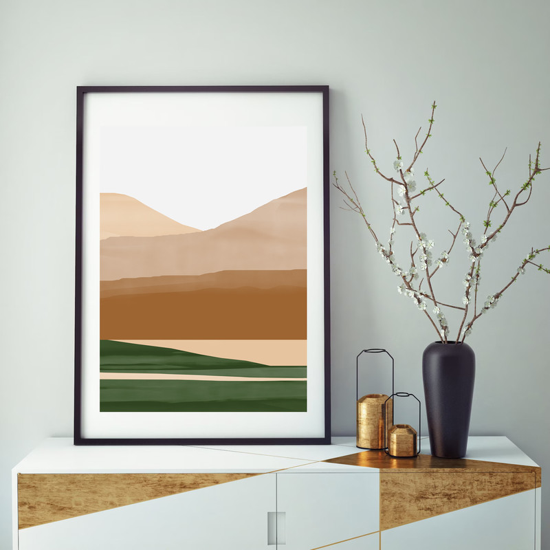 Three abstract posters with mountains in terracotta colors