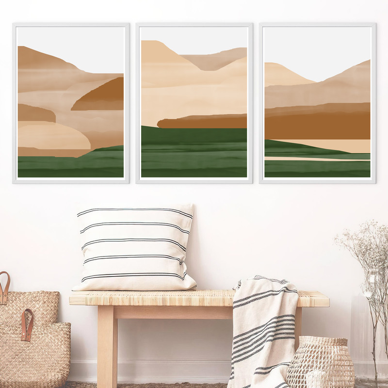 Three abstract posters with mountains in terracotta colors