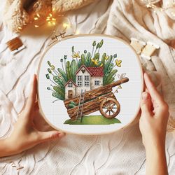 floral house cross stitch pattern, rustic house cross stitch chart, rustic cart cross stitch pdf, counted cross stitch