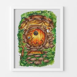 halflings house cross stitch pattern, movie cross stitch chart, fairy cross stitch, round door cross stitch, digital pdf