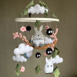 My neighbor Totoro on Sakura, baby mobile for a nursery decor. Anime decor for girl