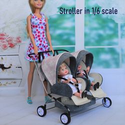 Stroller for  Barbie doll , handmade  scale 1:6, Baby stroller for twin dolls
