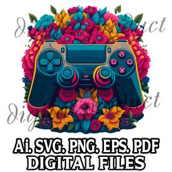 Game Controller and Flowers on Background Digital file SVG,PNG,AI,EPS,PDF files Sublimation Digital File