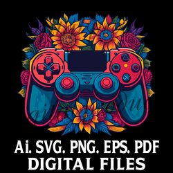 game controller and sunflowers on background digital file svg,png,ai,eps,pdf files sublimation digital file
