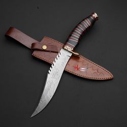 HAND FORGER KNIFE CUSTOM HANDMADE DAMASCU STEEL BOWIE HUNTING KNIFE WITH LEATHER SHEATH HANDMADE KNIFE GIFT  MK3753M