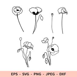 Poppy Svg Outline Flowers File for Cricut Poppies dxf for laser Wildflowers cut