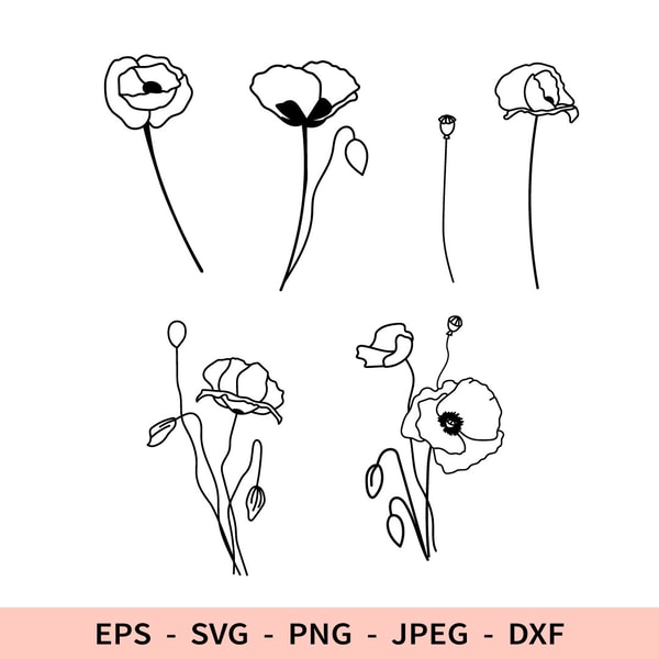 Poppy Cut Files Poppy Svg Outline Flowers File for Cricut Poppies dxf for la - Inspire ...