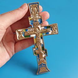 Orthodox cross ancient cross of 19 century brass enamel free shipping