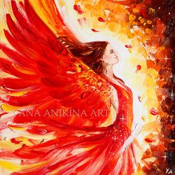 Phoenix Goddess Oil Painting Woman Phoenix Art Original Phoenix Angel Artwork Phoenix Girl Wall Art