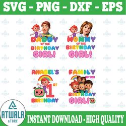 cocomelon birthday bundle png, cocomelon daddy and mommy of birthday girl, cocomelon family birthday png for sublimation