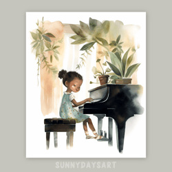 Cute black girl poster, cute black girl plays the piano, pianist, nursery decor, printable, watercolor art for girl room
