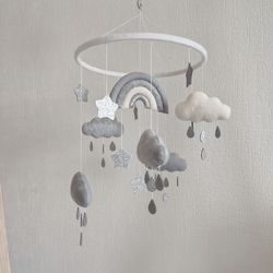 Rainbow and clouds baby mobile gender neutral nursery decor, rain drops crib mobile, pregnancy gift, baby shower gift