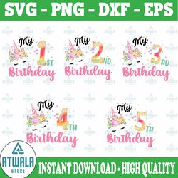 unicorn birthday bundle png, unicorn birthday girl png, birthday numbers with unicorn face printable, 1st birthday subli