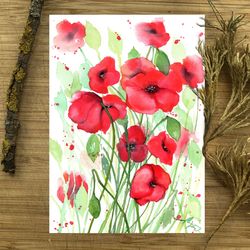 Watercolor poppies flowers painting, drawing poppies watercolor painting flowers original art by Anne Gorywine