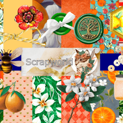 Digital scrapbooking kit "Orange flower", 78 elements