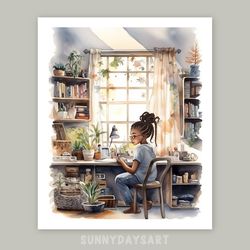 Cute black girl poster, cute black girl doing homework, nursery decor, printable art , watercolor art for girl room