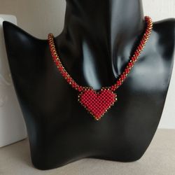 Red Heart necklace pendant bright summer beaded