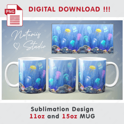 Aquarium Jellyfish Sublimation Design - 11oz 15oz MUG - Digital Mug Wrap