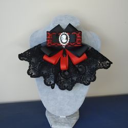 Goth neck brooch black red Bow tie brooch with cameo for women
